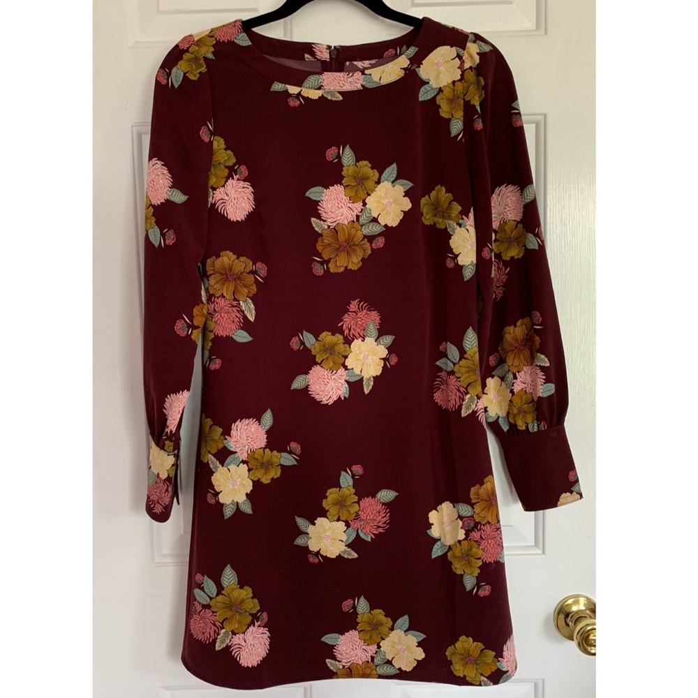 LOFT Burgundy Floral Long Sleeve Swing Dress
